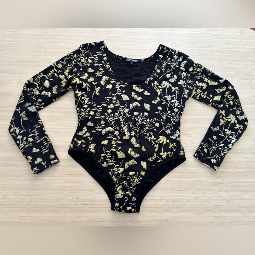 Thief & Bandit Black and Gold Floral Moth Long Sleeve Bodysuit, Size M